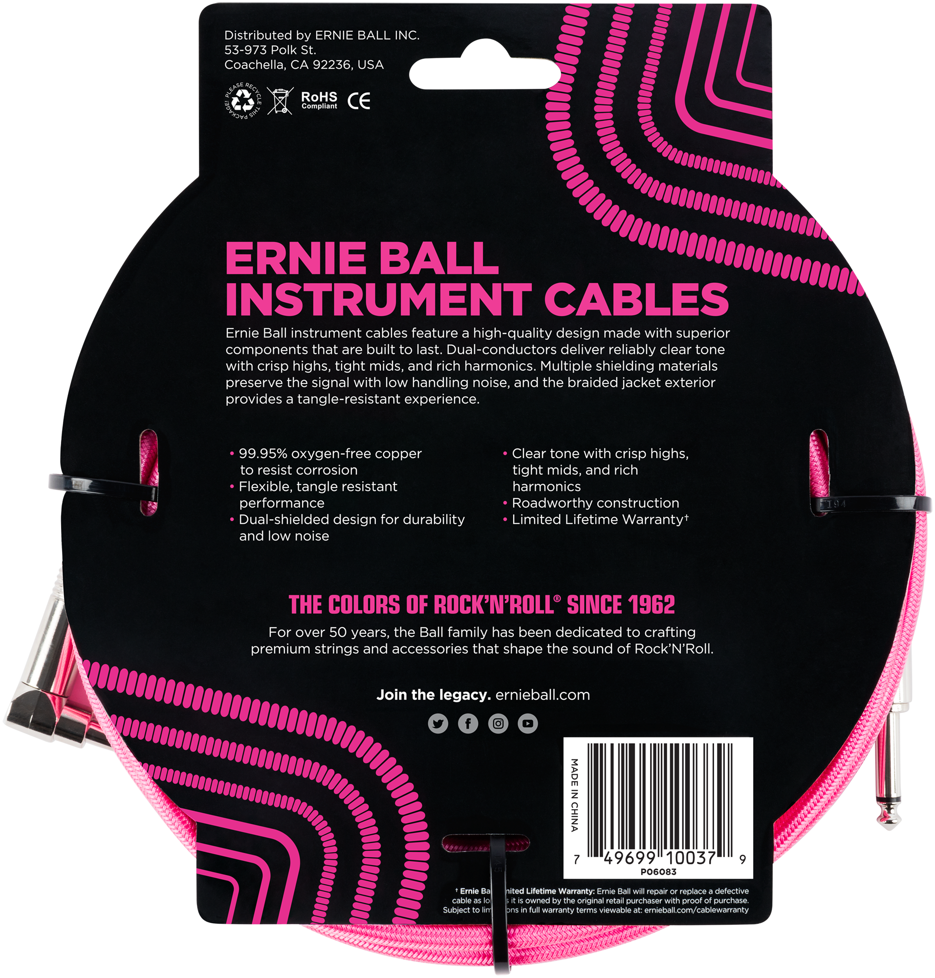 Ernie Ball Instrument Cable Neon Pink 6